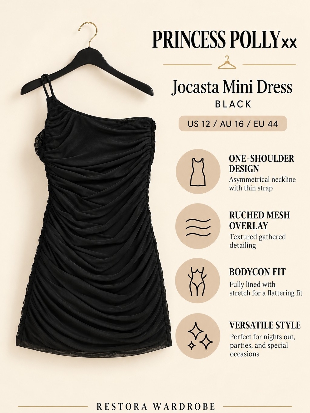 Princess Polly Jocasta Mini Dress Black One Shoulder Ruched Mesh Y2K US 12 NWT